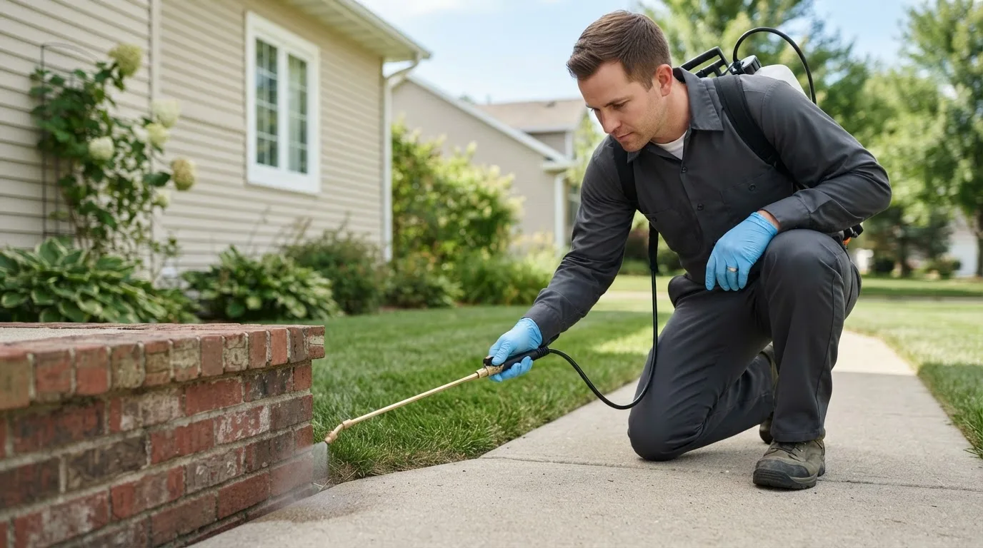 Pest control technician treating a home near Shipshewana, IN