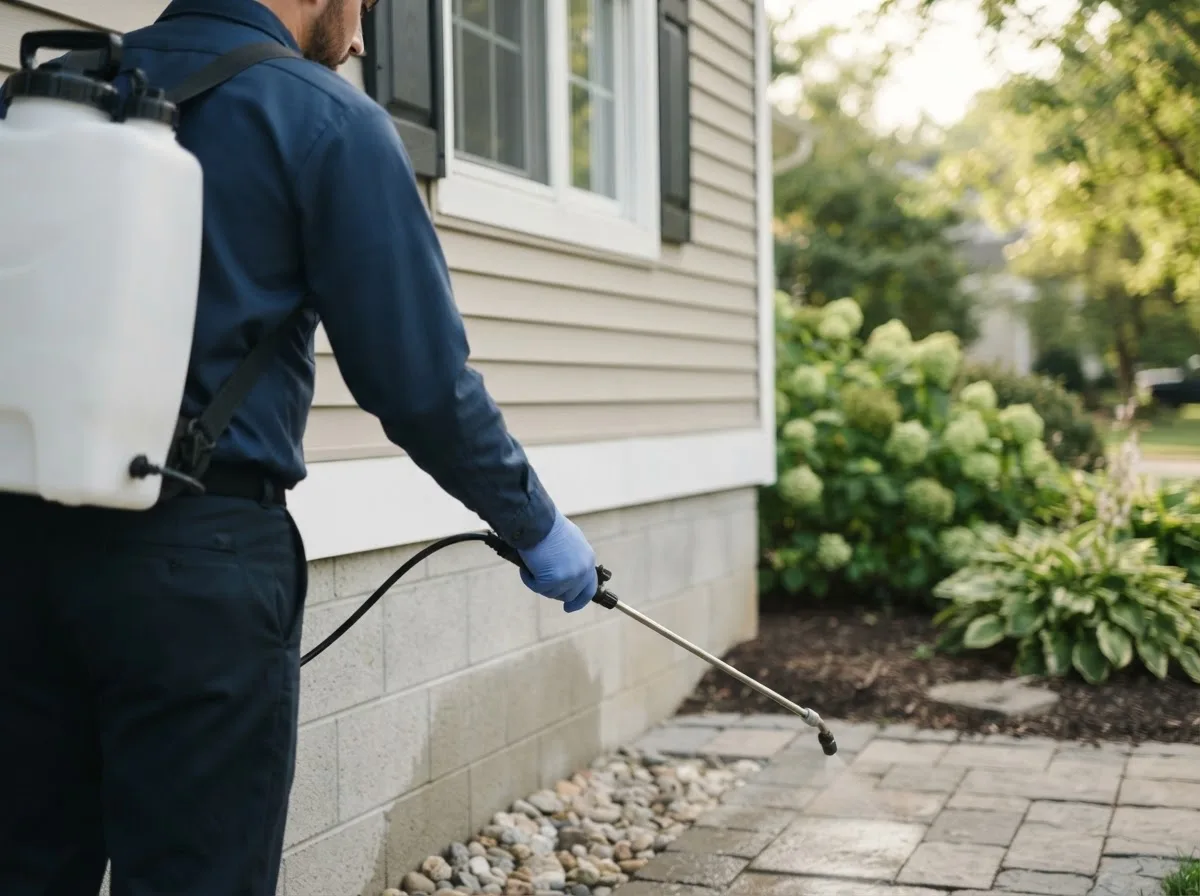 Pest control technician inspecting a home in Shipshewana, IN